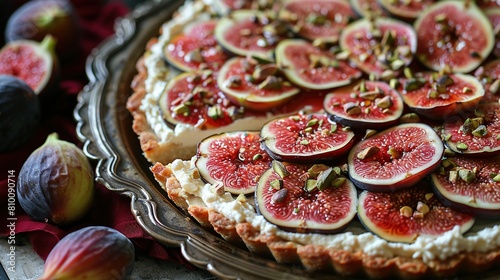  A plate of food featuring figs and other delights is captured in a close-up photo, taken from a table adorned with a bowl of fruit