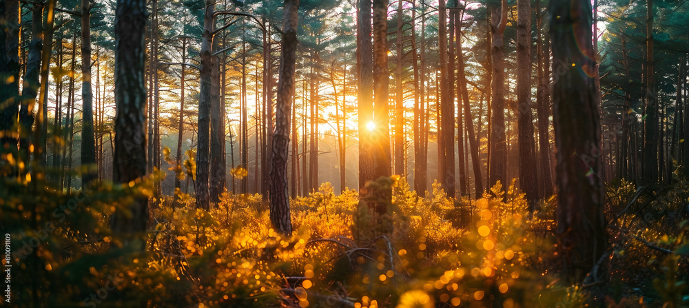 Golden hour in a coniferous forest, with rays of the setting sun piercing through dense pine branches, illuminating the forest floor in warm light