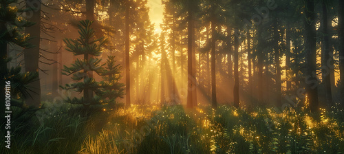 Golden hour in a coniferous forest, with rays of the setting sun piercing through dense pine branches, illuminating the forest floor in warm light photo