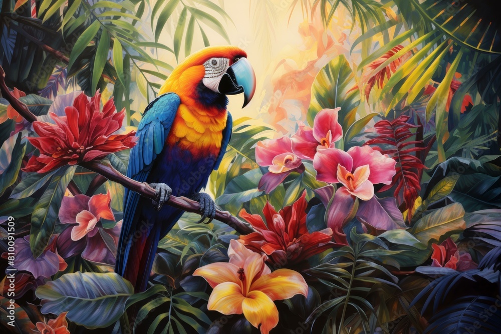 Fototapeta premium Vivid illustration of a macaw parrot among exotic flora at dawn