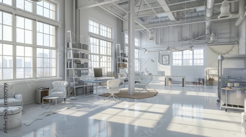 White industrial open space office corner hyper realistic 