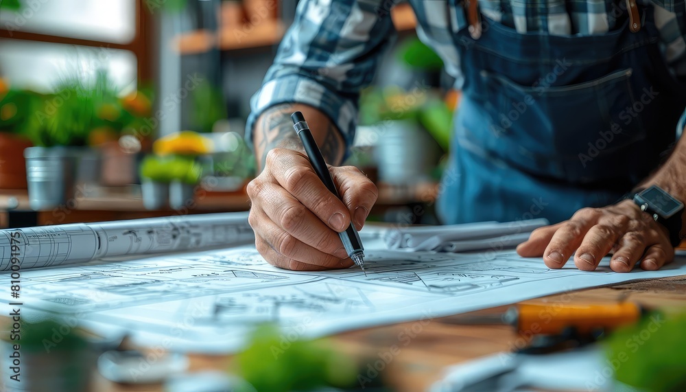 Architects at a drafting table, brainstorming sustainable building materials, blueprints and models, ecofocused Architects at a drafting table, brainstorming sustainable building materials, blueprints and models, ecofocused