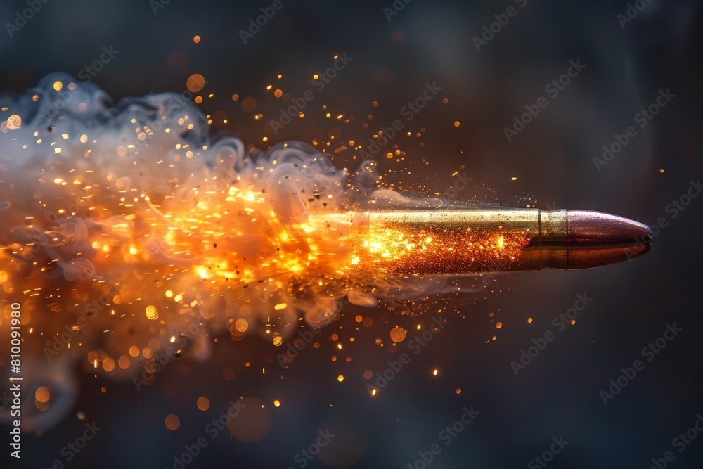 A single bullet captured in dynamic motion surrounded by intense fiery sparks implying speed and impact on a dark background A single bullet captured in dynamic motion surrounded by intense fiery sparks implying speed and impact on a dark background