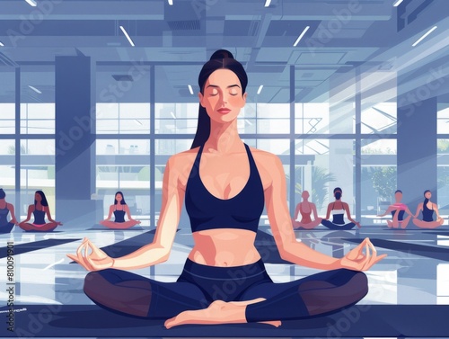 A serene woman doing yoga in a gym class with other participants practicing in the background.