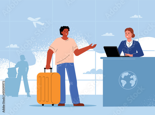 A passenger with luggage at the check-in, a smiling airport employee helps a tourist.