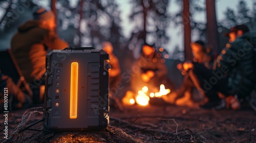 Campers unwinding by a campfire, accompanied by the soothing tunes of a radio in the tranquil night