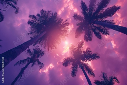 Tropical Palm Trees Silhouetted Against a Vibrant Pink Sunset Sky 