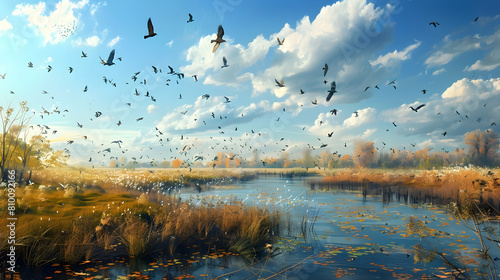 High-resolution image of a fenland with a diverse array of bird species, captured mid-flight over the natural wetland habitat