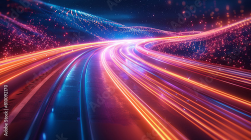 Abstract Speed light trails effect path, fast moving neon futuristic technology background, future virtual reality, motion effect, curve of neon bright, highway speed light. Generative AI.