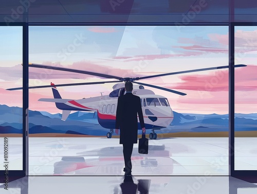Illustration of a pilot approaching a helicopter against a backdrop of mountains and a colorful sky seen through large windows.