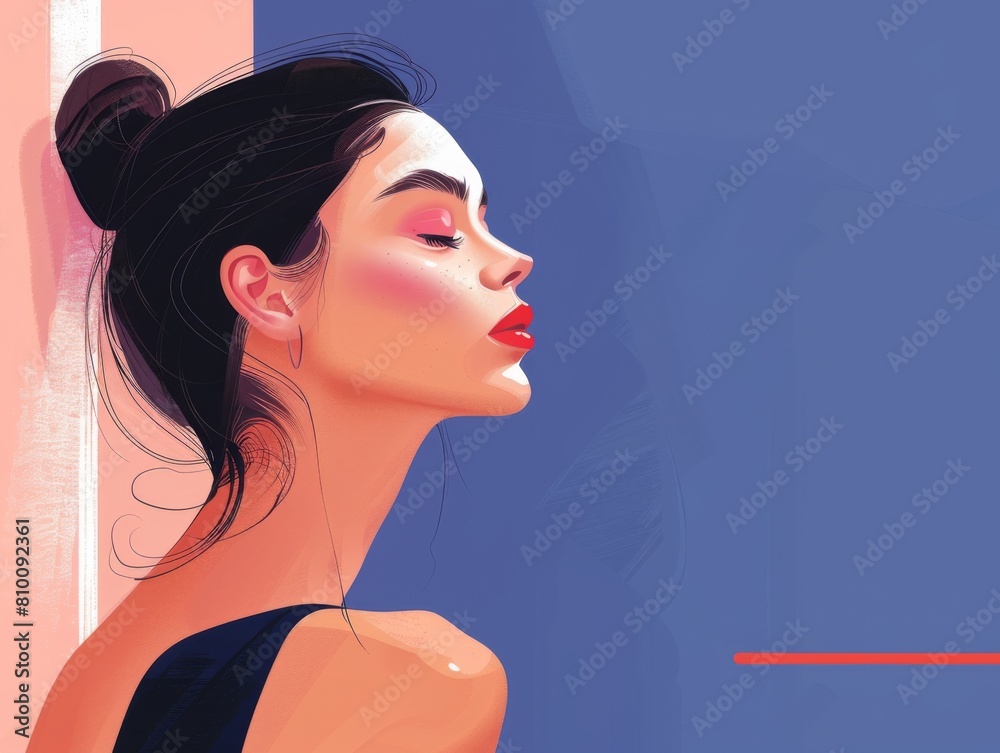 Side view of a young brunette woman illustrated in a stylized manner, wearing a tank top with a prominent gaze. Side view of a young brunette woman illustrated in a stylized manner, wearing a tank top with a prominent gaze.