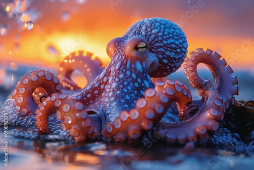 A vibrant octopus extends its tentacles emerging from the sea with a dramatic sunset backdrop, evoking mystery photo