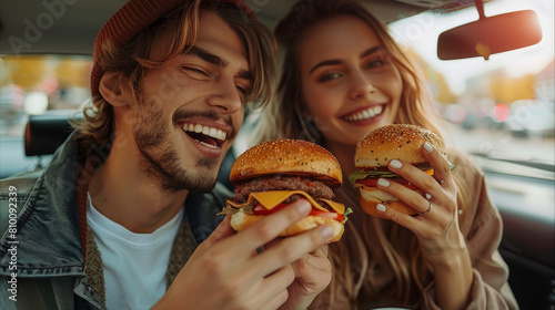 A happy couple eating burgers in a car. Generative AI.