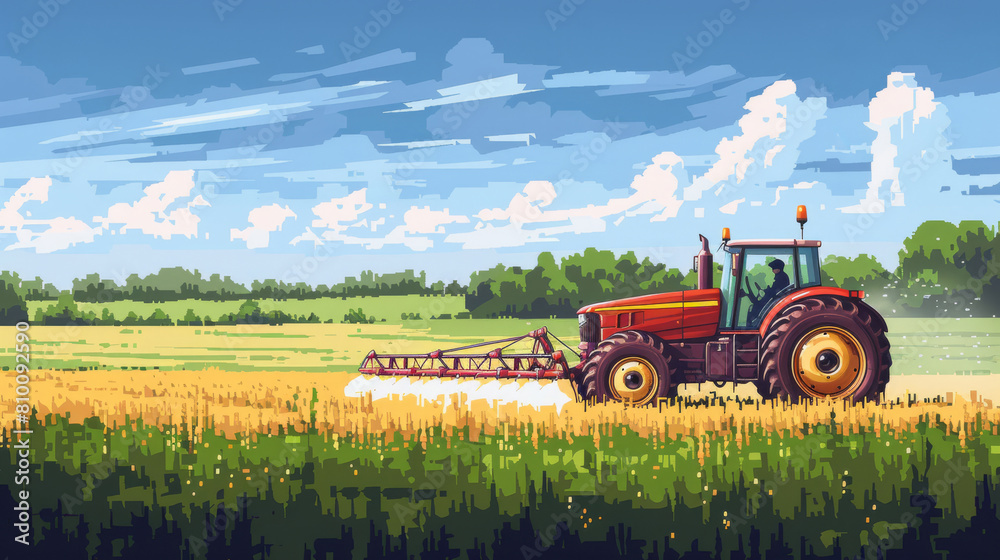 Fototapeta premium Red tractor working in a field, illustration in 8-bit style