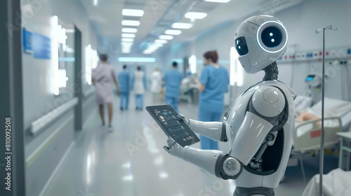 A cybernetic robot nurse efficiently managing patient care in a bustling hospital ward photo