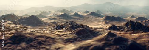 Isolated hillocks in a desert setting, the stark contrasts and textures highlighted using a high-definition macro lens