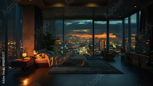 penthouse bedroom at night, with a sense of solitude and contemplation, overlooking the sprawling city lights photo