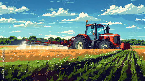 Red tractor working in a field, illustration in 8-bit style