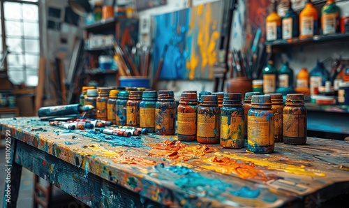 Artists studio brimming with vibrant canvases and scattered paint tubes, creative chaos, inspiration in action © NeeArtwork