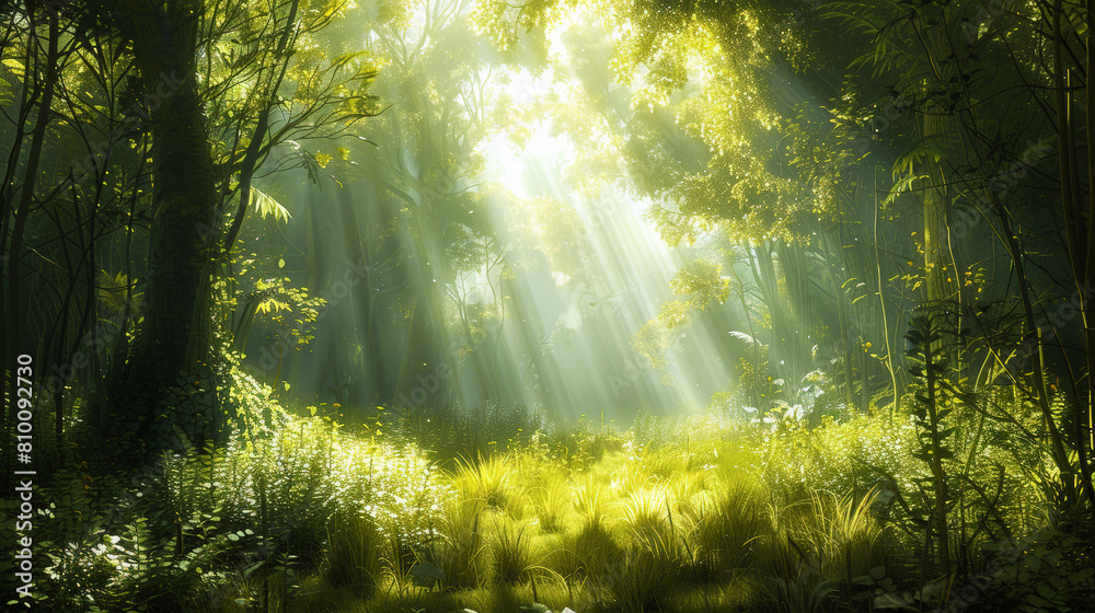 Obraz premium Enchanted Forest: Sunlight's Embrace. Generative AI