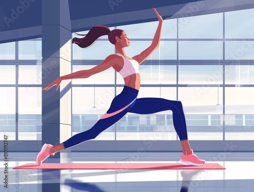 An illustrated young woman stretches during a workout in a stylish fitness club with large windows.