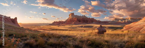 Late afternoon in the badlands with long shadows and glowing red rocks, offering a serene yet haunting landscape view photo