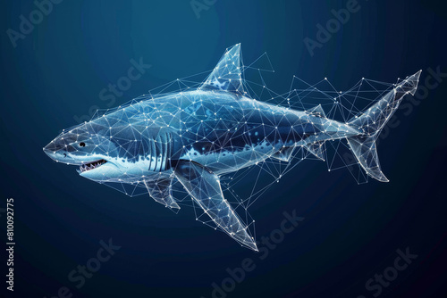 A blue shark is swimming in the ocean with a school of fish behind it © Formoney
