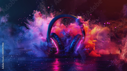 A pair of headphones is surrounded by colorful smoke, creating a vibrant photo