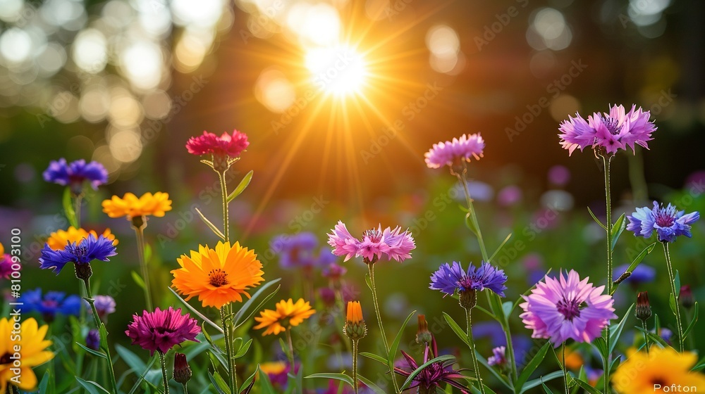 A vibrant array of blossoms bathed in sunlight, framed by towering foliage in the background A vibrant array of blossoms bathed in sunlight, framed by towering foliage in the background