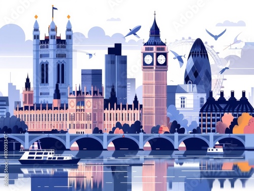 Vector illustration of iconic London skyline with the Big Ben, River Thames, and London Eye in a whimsical style.
