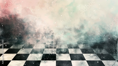 Ethereal Monochrome Grid with Floating Pastel Clouds and Glimmering Stars photo