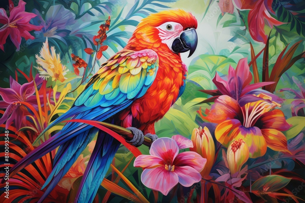 Obraz premium Colorful illustration of a macaw among exotic flowers, showcasing nature's vivid palette