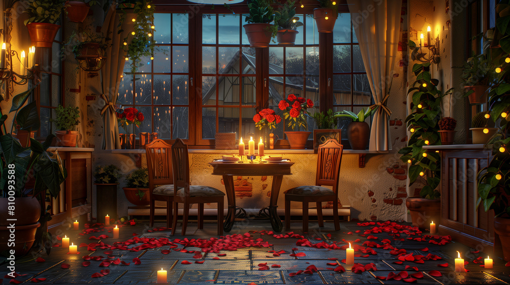 romantic dinner in an old restaurant, candle light, red rose petals on the floor, cozy atmosphere romantic dinner in an old restaurant, candle light, red rose petals on the floor, cozy atmosphere