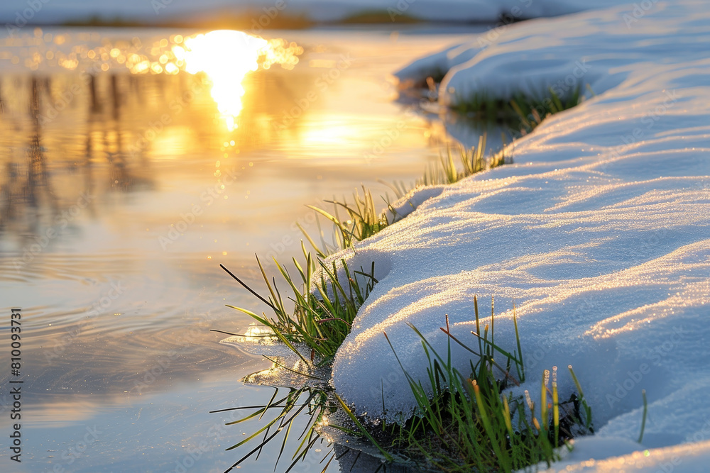 A snowy hillside with a body of water in the background A snowy hillside with a body of water in the background