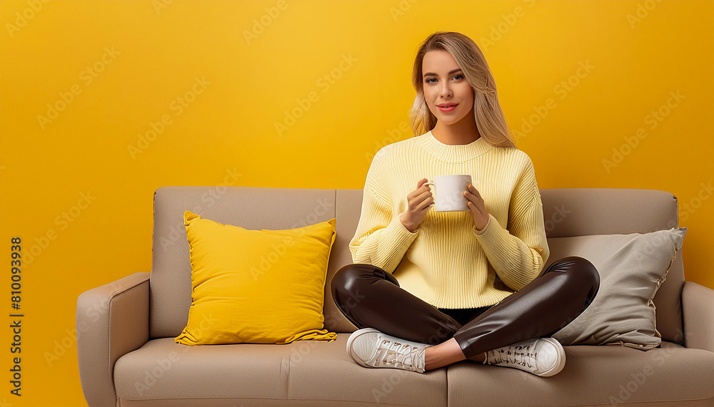 A woman sitting on a divan holding a mug of coffee. orange colour background
