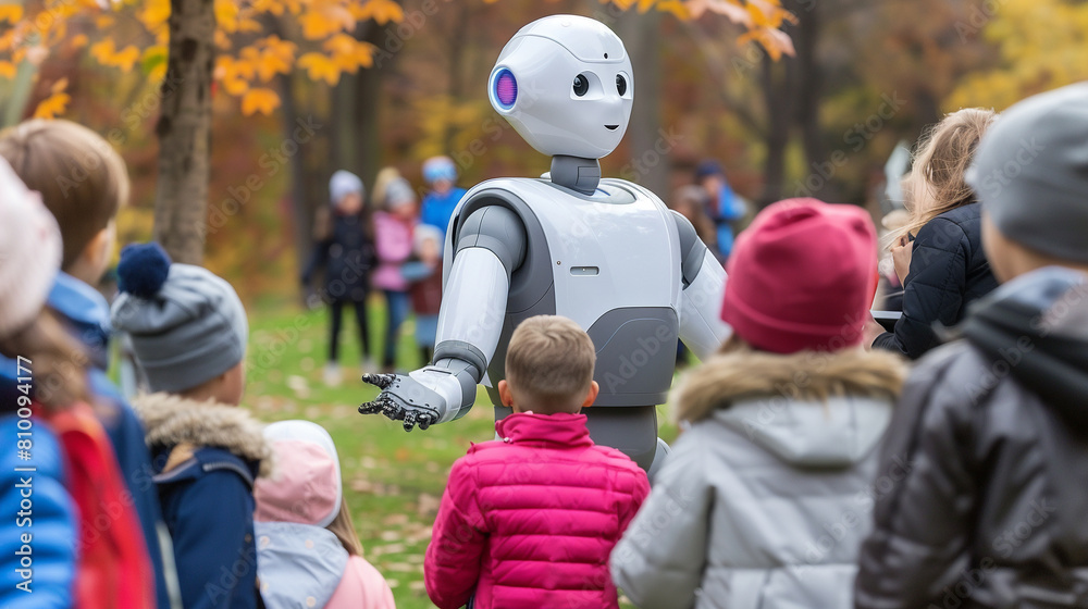 A gentle cybernetic robot leading a group of children in a fun educational activity outdoors, helping them learn about nature and science , hyper realistic, low texture, low noise A gentle cybernetic robot leading a group of children in a fun educational activity outdoors, helping them learn about nature and science , hyper realistic, low texture, low noise