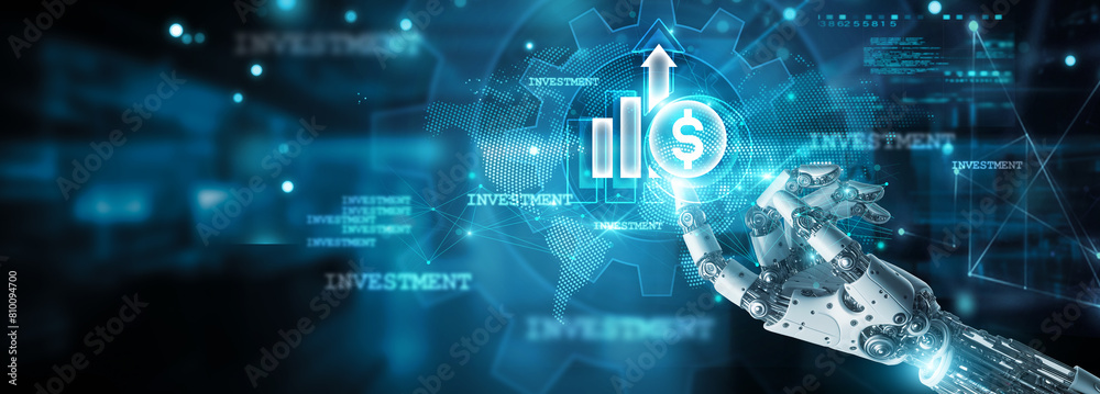Opportunity arises, Hands of robot touch financial data and investment icon, transactions flow on network, stocks, bonds, cryptocurrencies, and assets, diversify and grow portfolios. Opportunity arises, Hands of robot touch financial data and investment icon, transactions flow on network, stocks, bonds, cryptocurrencies, and assets, diversify and grow portfolios.
