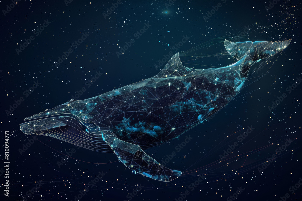 A whale is shown in a blue sky with stars A whale is shown in a blue sky with stars
