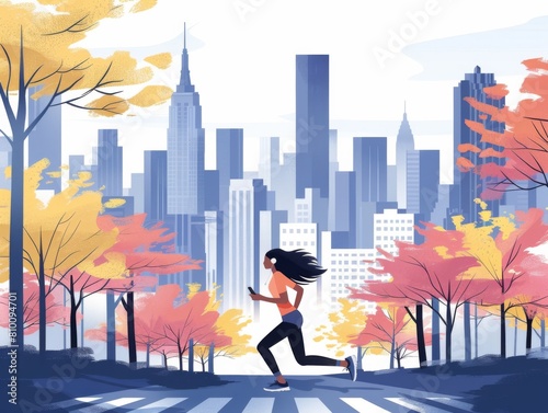 An illustration of a woman jogging with earphones in a city park during autumn.