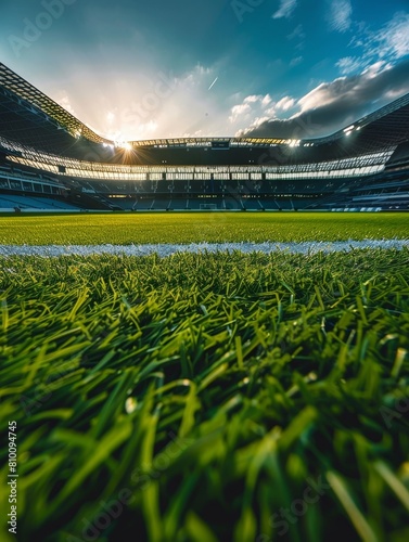 Magnificent Architectural Soccer Stadium with Lush Green Playing Field at Golden Hour