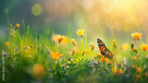 Close-up of a butterfly sitting on a blooming flower in grass