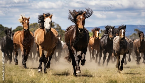 Herd of horses running fiercely across a grassy field under a cloudy sky