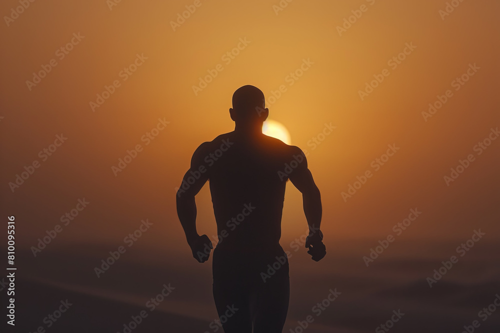 A man is running in the grass with the sun in the background A man is running in the grass with the sun in the background