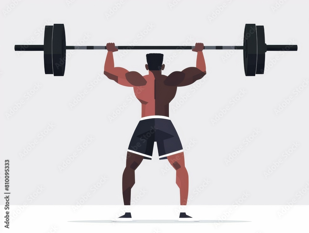 Illustration of a male bodybuilder lifting a heavy barbell overhead in a strength training exercise. Illustration of a male bodybuilder lifting a heavy barbell overhead in a strength training exercise.