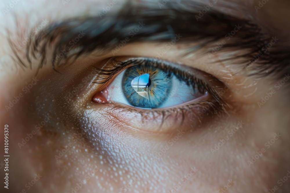 A man's eye is open and has a blue iris A man's eye is open and has a blue iris