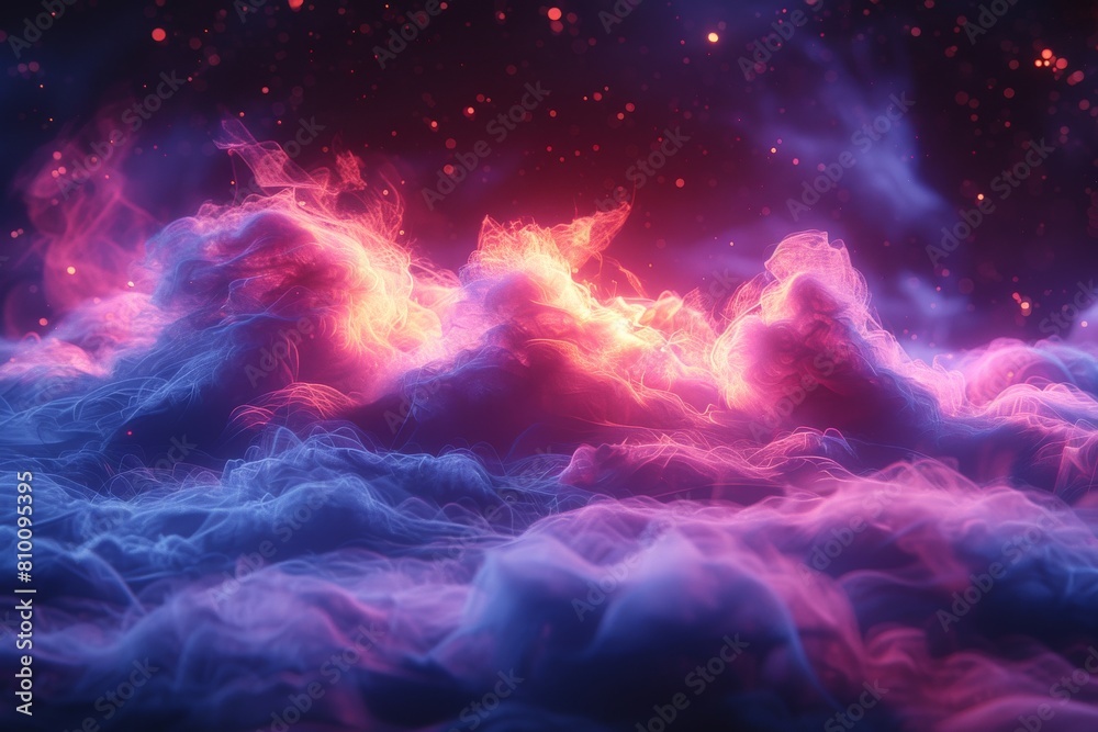 The image features an ethereal landscape of vibrant glowing clouds with neon colors against a cosmic backdrop