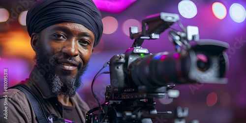 African American videographer with professional camera and equipment wearing black durag. Concept Portrait Photography, Creative Professionals, African American Representation, Videography Equipment