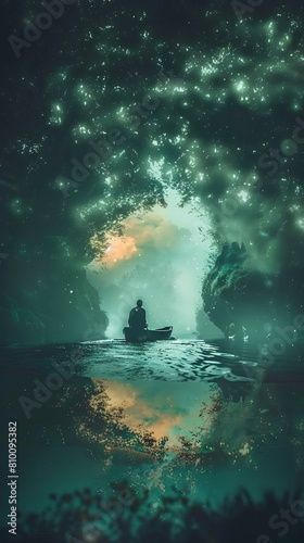 A man is sitting in a boat on a lake. The sky is dark and the stars are shining brightly