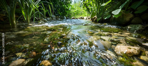 Lush riparian vegetation framing a small, clear stream with smooth stones and tiny fish visible in the crystal-clear water photo