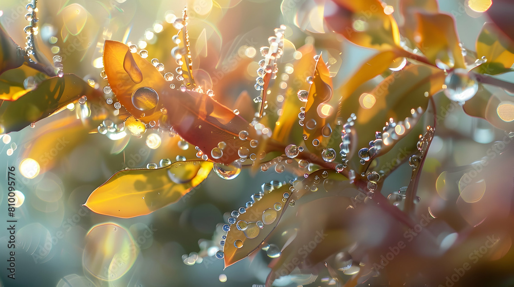 Macro shot of dewdrops on kelp, showcasing the droplets as they reflect the surrounding underwater environment, creating a mosaic of color and light Macro shot of dewdrops on kelp, showcasing the droplets as they reflect the surrounding underwater environment, creating a mosaic of color and light